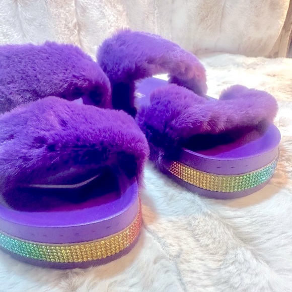 Purple Faux Fur Furry Double Strap Slide In Sandals - Picture 6 of 7